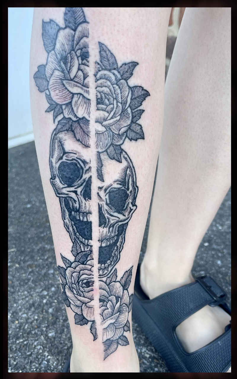 Woodcut skull tattoo